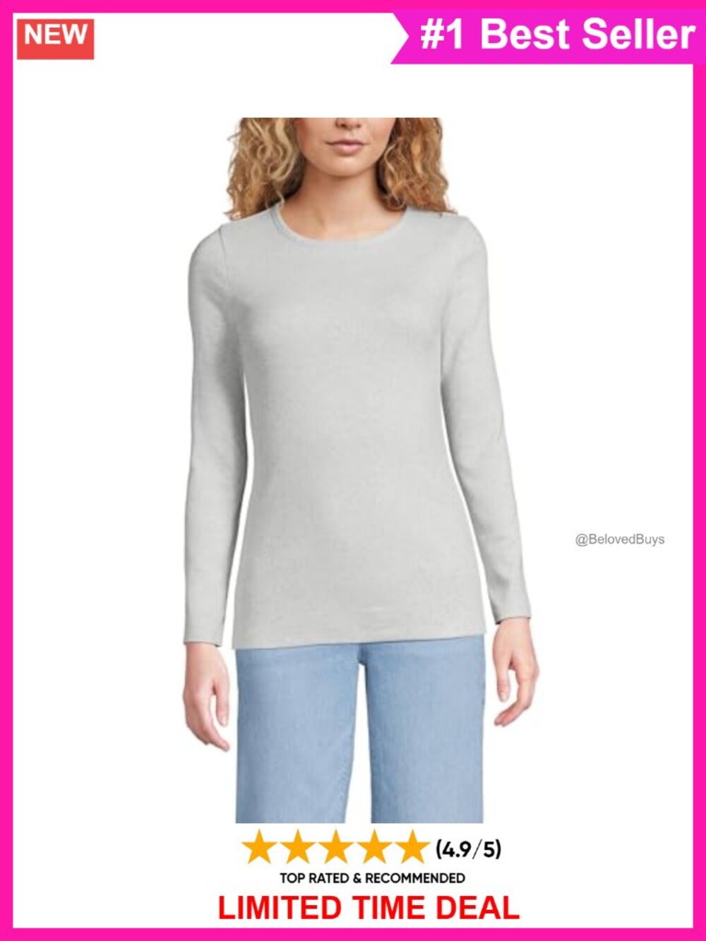 Lands' End 100% Cotton Rib Knit Long Sleeve Crewneck T-Shirt